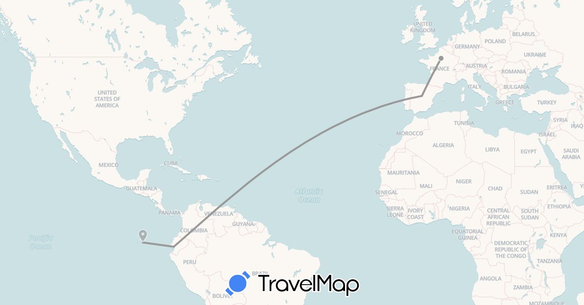 TravelMap itinerary: driving, plane in Ecuador, Spain, France (Europe, South America)